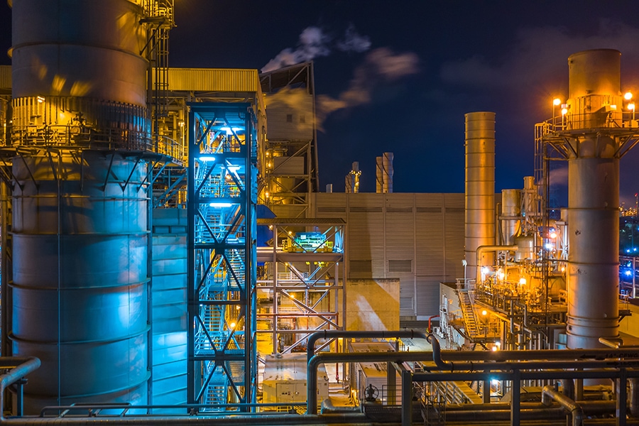 Power station, Combined heat power plant at night, Large combined cycle power plant.