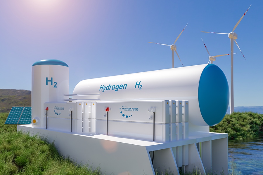 Hydrogen renewable energy production - hydrogen gas for clean electricity solar and windturbine facility. 3d rendering.