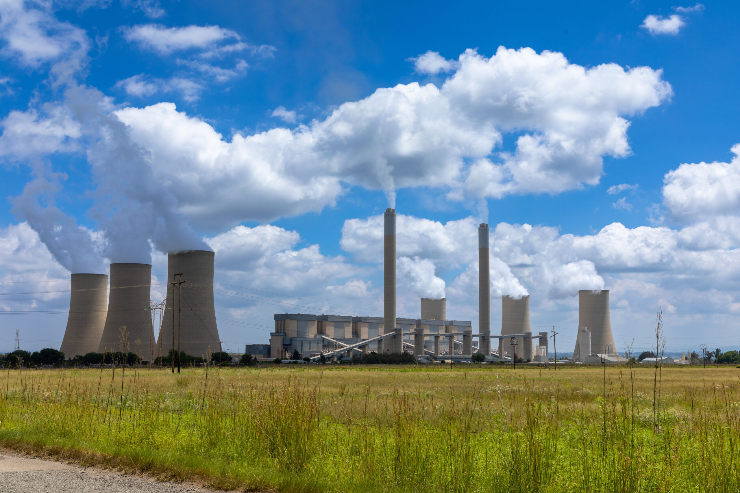 Working,Coal,Fired,Power,Station,In,South,Africa.,Grass,Field