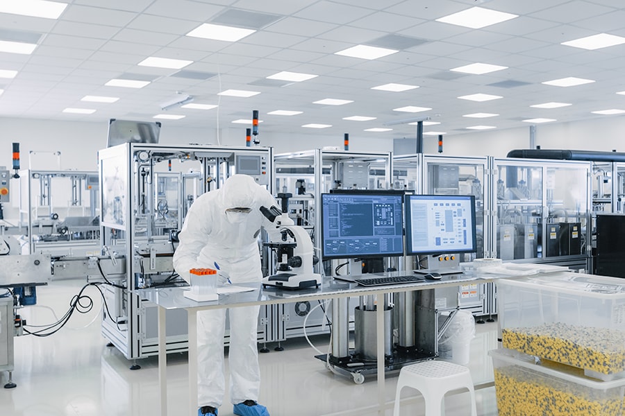 Shot Of Sterile High Precision Manufacturing Laboratory Where Scientists In