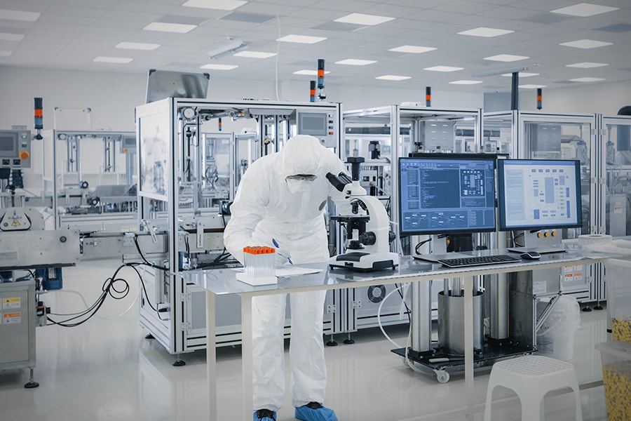 Shot Of Sterile High Precision Manufacturing Laboratory Where Scientists In