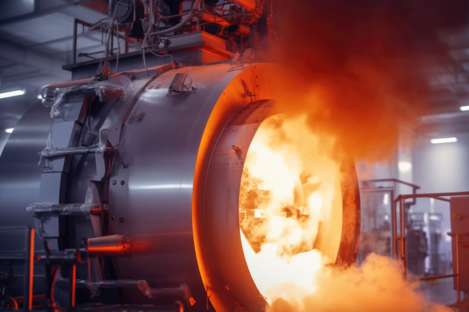 hightech incinerator unit in the plant, featuring a massive cylindrical chamber with heatresistant walls. Flames can be seen fiercely burning waste inside, generating