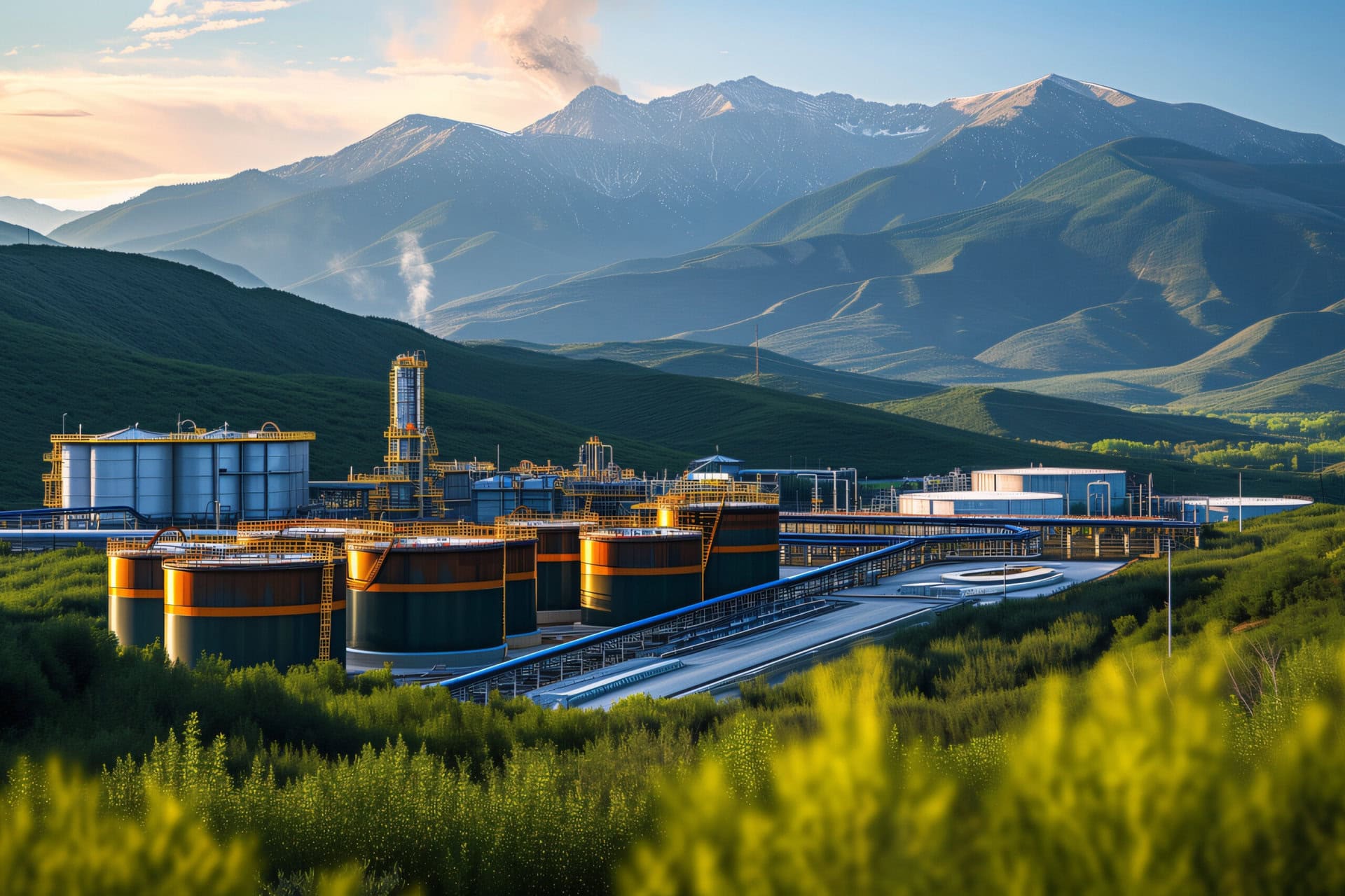 Carbon capture and storage facilities with mountain background